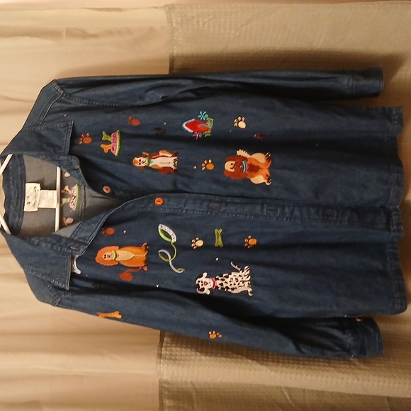 Quacker Factory M. Jean Button Shirt Dog Embroidery Perfect Condition - Picture 1 of 17